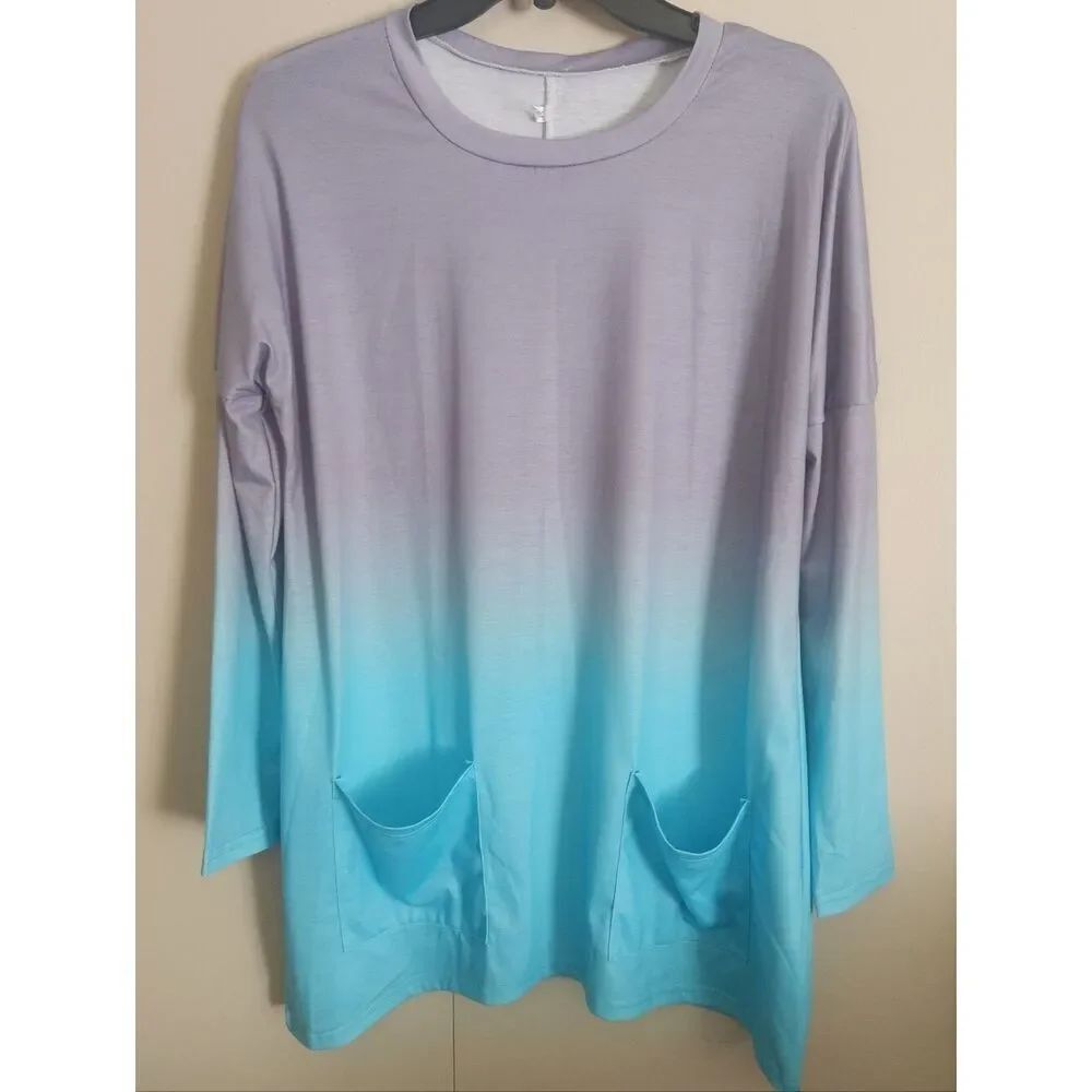 T36 Ombre Long Juliet Sleeve Tunic Top -Gradient from Light Lavender - Aqua Blue
